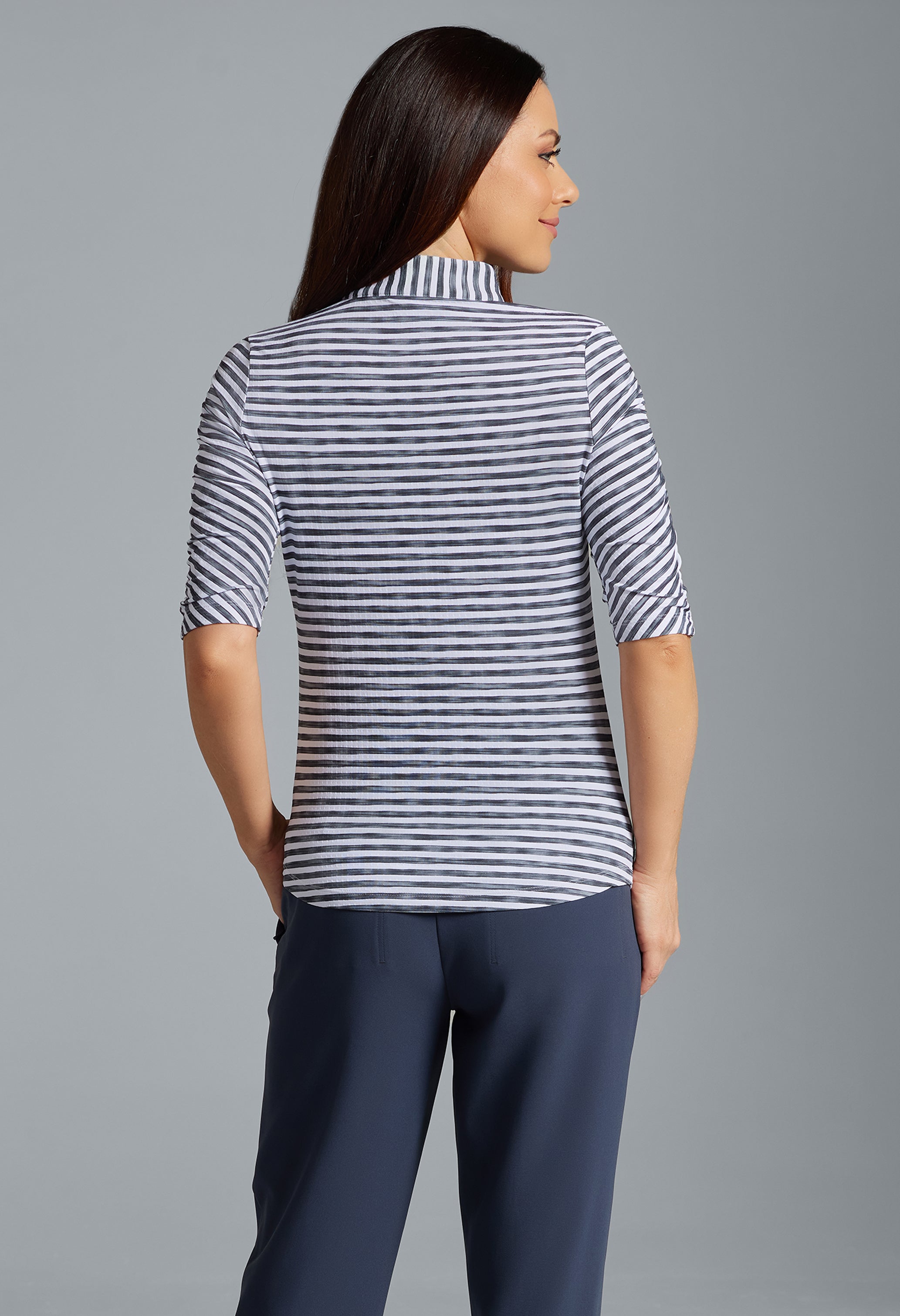 Landon Stripe II Print Ruched Elbow Sleeve Top - 41164