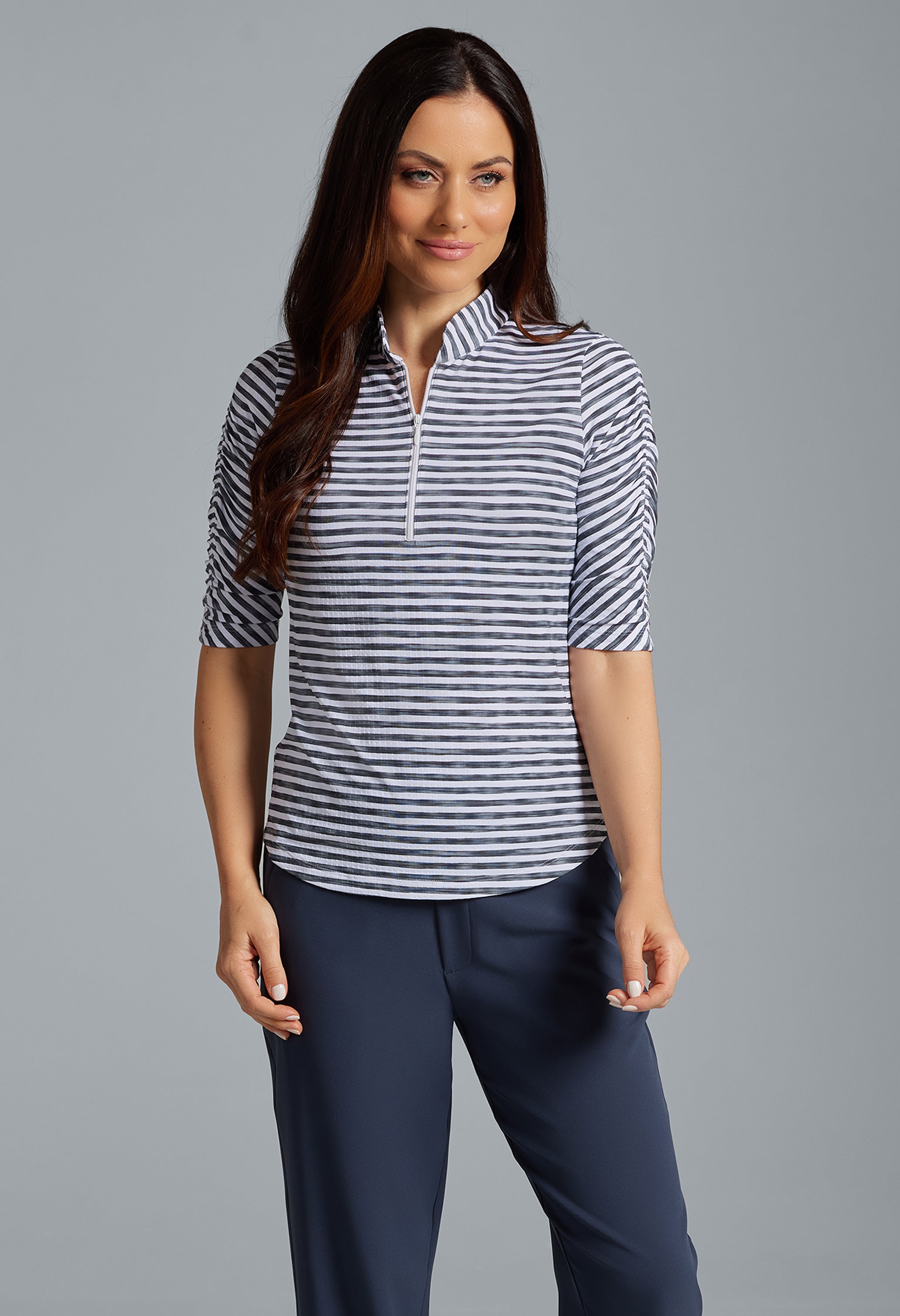 Landon Stripe II Print Ruched Elbow Sleeve Top - 41164