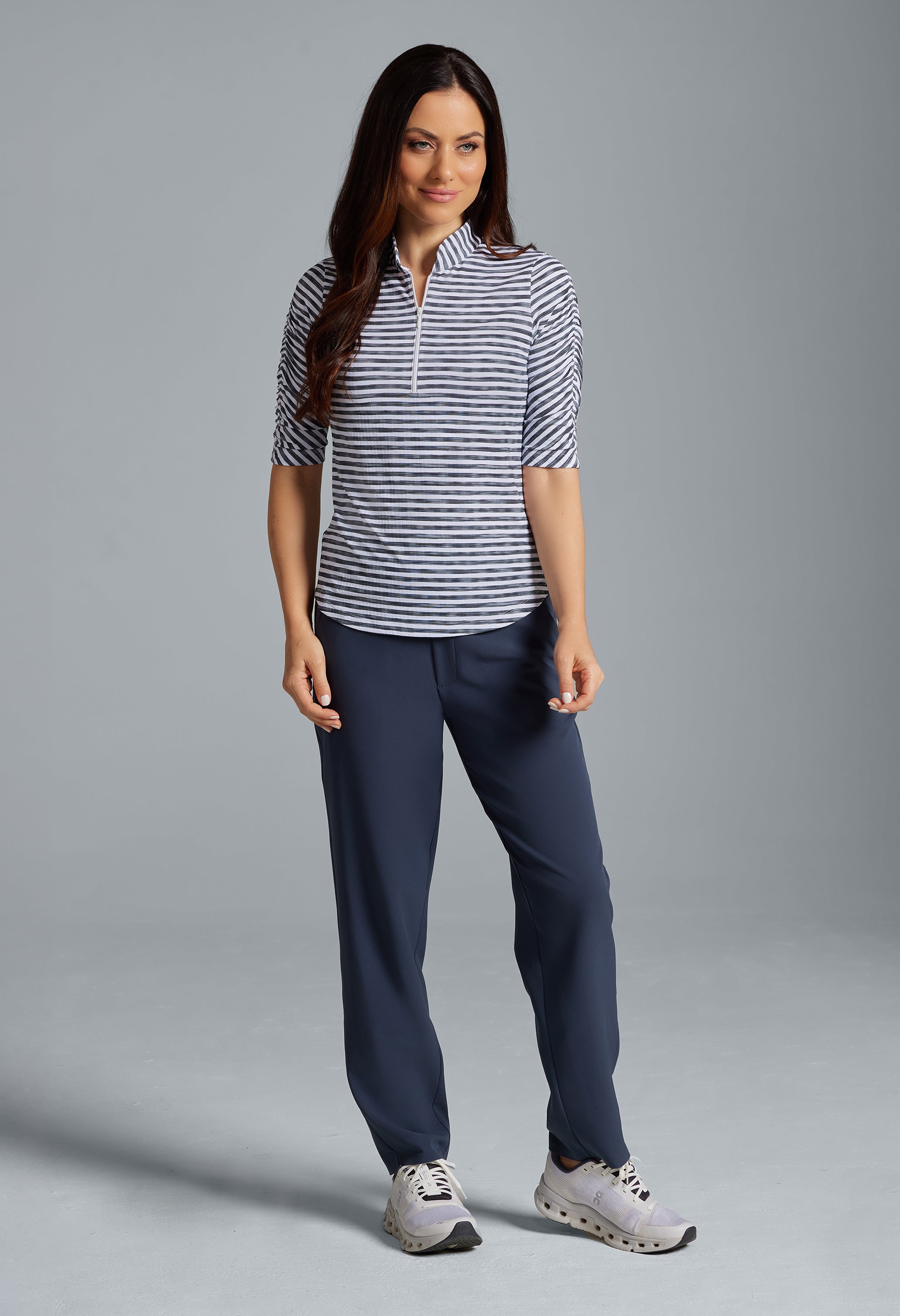 Landon Stripe II Print Ruched Elbow Sleeve Top - 41164