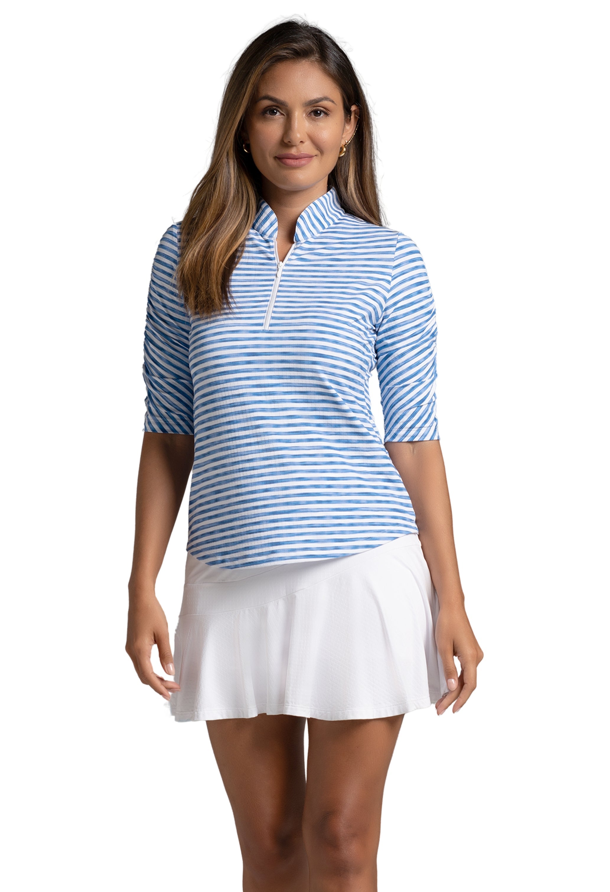 Landon Stripe II Print Ruched Elbow Sleeve Top - 41164