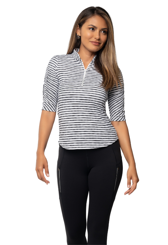 Landon Stripe II Print Ruched Elbow Sleeve Top - 41164